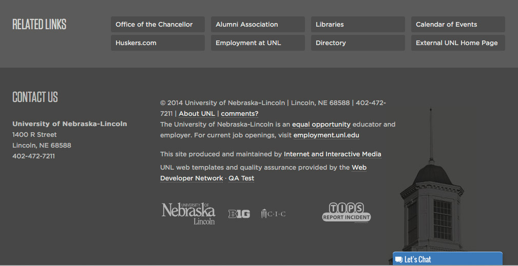The UNL website page footer from UNL Today, the internal UNL homepage