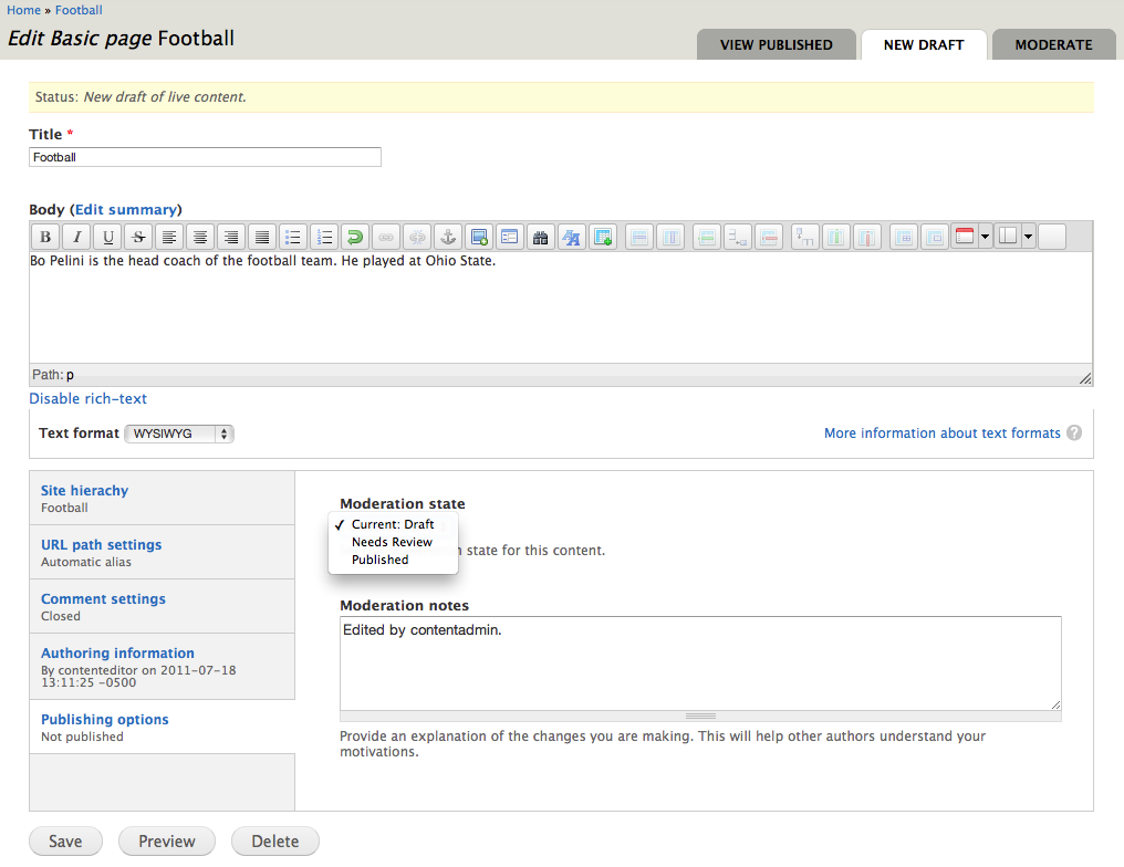 screen shot of the edit content page with published as a moderation option