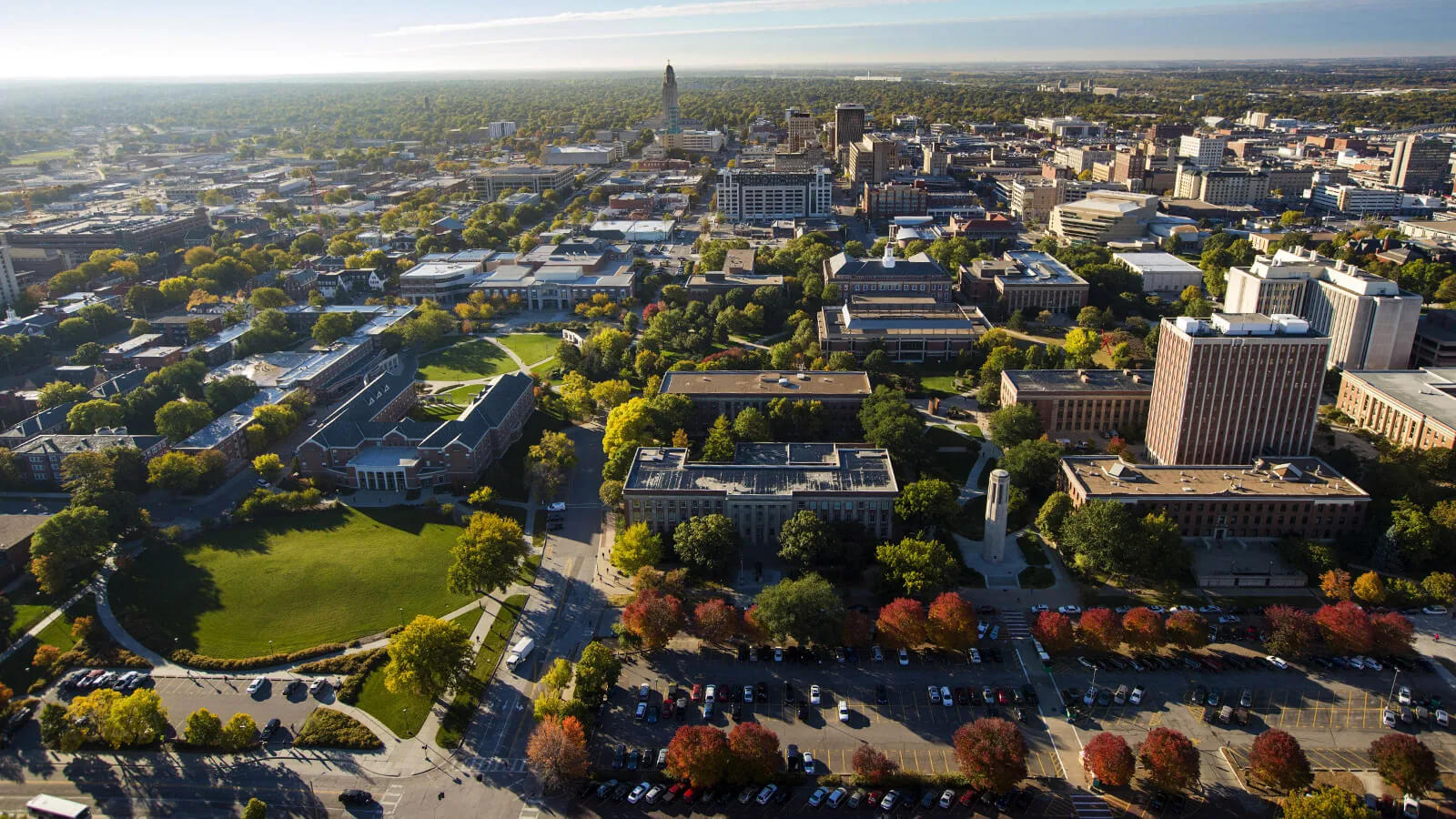 Aerial shot of Nebraska campus from north facing downtown and Nebraska Capitol building