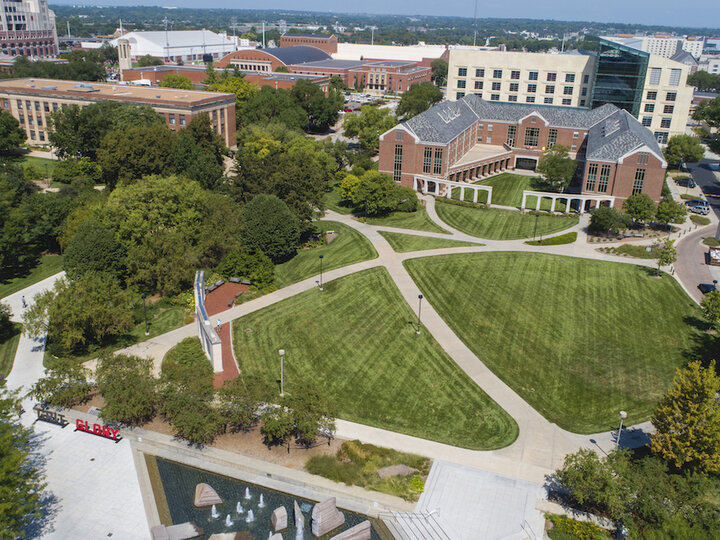 Grass quad and Raikes School shot from overhead