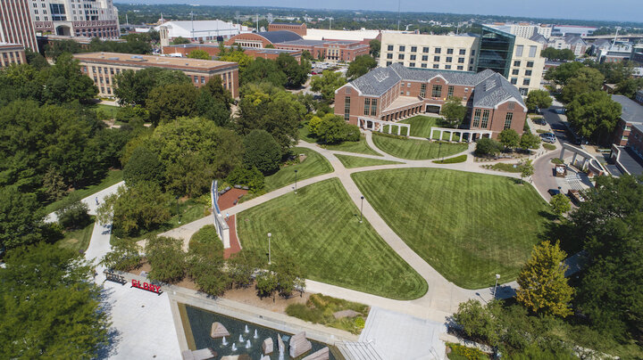 Grass quad and Raikes School shot from overhead