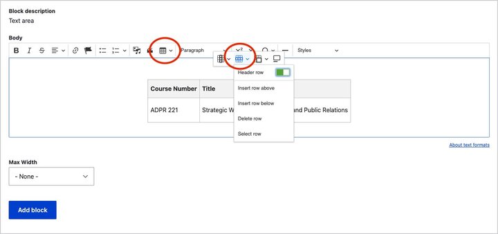 Screenshot of table options in editor